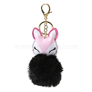 Imitation Rex Rabbit Fur Ball & PU Leather Fox Pendant Keychain, with Alloy Clasp, for Bag Car Pendant Decoration, Black, 17cm(KEYC-K018-04KCG-03)