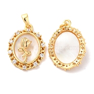 Brass Micro Pave Cubic Zirconia Pendants, with Shell, Oval with Flower Charms, Golden, 21x15.5x5mm, Hole: 2.2x3.8mm(KK-I703-01B-G)