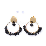 Brass Dangle Stud Earrings, with Chip Natural Obsidian Beads, Brass & Plastic Earring Backs, 46.5mm, Pin: 0.7mm(EJEW-JE04163-04)