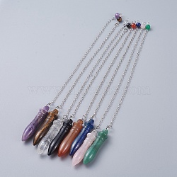 Natural Mixed Stone Pointed Dowsing Pendulums, with Brass Cable Chains, Bullet, 238~255mm, Hole: 2.5mm, Pendants: 53x12mm(G-J386-A)
