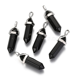 Natural Black Obsidian Double Terminated Pointed Pendants, with Random Alloy Pendant Hexagon Bead Cap Bails, Bullet, Platinum, 36~45x12mm, Hole: 3x5mm, Gemstone: 10mm in diameter(G-F295-04K)