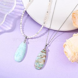 2Pcs 2 Styles Natural Hemimorphite Teardrop Pendant Necklaces, Natural Cultured Freshwater Pearl Beaded Necklaces & 304 Stainless Steel Cable Chain Necklaces for Women, Platinum & Stainless Steel Color, 16.73~17.48 inch(42.5~44.4cm), 1pc/style(NJEW-JN06312-01)