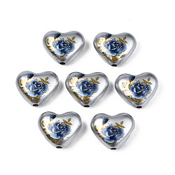 Spray Painted Opaque Acrylic Beads, Heart with Flower, Silver, 16x19x8mm, Hole: 2mm(SACR-S305-28-A01)