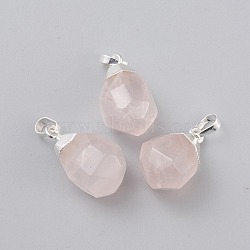 Natural Rose Quartz Pendants, with Brass Bails, Faceted, Teardrop, Silver Color Plated, 19~21x12~14x11~15mm, Hole: 5x3mm(G-G845-07S-11)