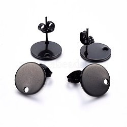 304 Stainless Steel Stud Earring Findings, with Loop and Flat Plate, Ear Nuts/Earring Backs, Flat Round, Black, 12x12x1mm, Hole: 1.4mm(STAS-K184-01-03B)