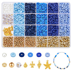 DIY Jewelry Making Kit, Including Polymer Clay Disc Beads, Alloy Pendants, Shell & Starfish Shape, Blue, 4~23x4~19x1~4mm, Hole: 1.2~2mm(DIY-DC0002-79)