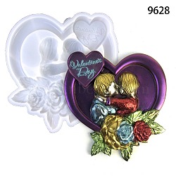 Valentine's Day Heart with Lovers & Flower DIY Wall Decoration Silicone Molds, Resin Casting Molds, for UV Resin & Epoxy Resin Craft Making, White, 160x150x21mm(DIY-G096-02)