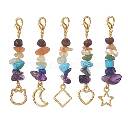 Chakra Natural Gemstone Chip Pendant Decorations, Alloy Pendant & 304 Stainless Steel Swivel Lobster Claw Clasps, Golden, 50~55mm, 5pcs/set(HJEW-JM00923-S)