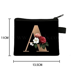 Initial Letter with Flower Cosmetic Bag, Polyester Wallets with Zipper, Black Change Purse, Clutch Bag for Women, Letter A, 11x13.5cm(PW-WG1F7F6-26)