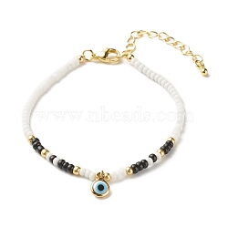 Flat Round Evil Eye Lampwork Tiny Charm Protection Lucky Bracelet, Glass Seed Beads Bracelet for Women, Golden, Colorful, 7-5/8 inch(19.5cm)(BJEW-JB07232)