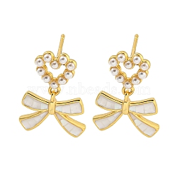 Rack Plating Brass & Natural Shell Stud Earrings, Heart & Bowknot Plastic Imitation Pearl Dangle Earrings for Women, Long-Lasting Plated, Cadmium Free & Lead Free, Real 18K Gold Plated, 22x16mm(EJEW-C095-02G)