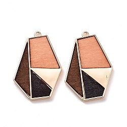 Alloy Pendants, with Dyed Wood, Irregular Hexagon with Geometric Pattern, Light Gold, 41x28.5x3mm, Hole: 2mm(FIND-A006-04KCG)