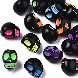 Opaque Black Acrylic Beads, Craft Style, Skull, Mixed Color, 9.5x7.5x8mm, Hole: 1.8mm(X-MACR-N012-15)