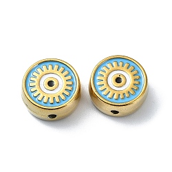 Ion Plating(IP) 304 Stainless Steel Enamel Beads, Real 18K Gold Plated, Flat Round with Evil Eye, Light Sky Blue, 12x5.5mm, Hole: 1.5mm(STAS-Q318-13A)