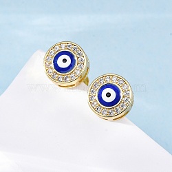 Blue Evil Eye Brass Stud Earrings, Cubic Zirconia Earrings for Girl Women, Real 18K Gold Plated, 8mm, Pin: 0.7mm(ZIRC-Z017-01G)