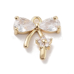 Brass Pave Clear Cubic Zirconia Charms, Bowknot with Flower,  Long-Lasting Plated, Real 14K Gold Plated, 12.5x12.5x3mm, Hole: 1.4mm(KK-Z061-17G)