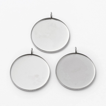 304 Stainless Steel Pendant Cabochon Settings, Flat Round, Stainless Steel Color, Tray: 30mm, 36x31.5x2mm, Hole: 3mm