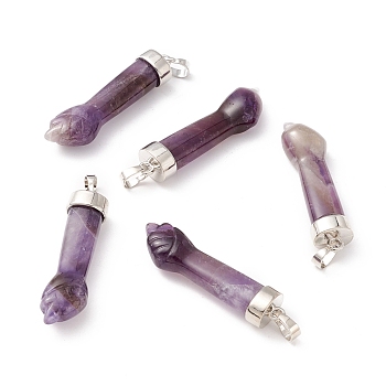 Natural Amethyst Pendants, with Platinum Tone Brass Findings, Figa Hand Shapes, 43~48x12x8.6mm, Hole: 8x4.6mm
