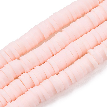Flat Round Handmade Polymer Clay Bead Spacers, Pink, 4x1mm, Hole: 1mm, about 380~400pcs/strand, 17.7 inch