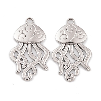 304 Stainless Steel Pendants, Jellyfish Charm, Stainless Steel Color, 33x20x2.5mm, Hole: 2.8mm