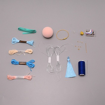 DIY Hand JuQiu Punch Needle Making Kits, Including Foam Balls, Needles, Cotton Thread, Bells, Tassels and Iron Rings, Light Sky Blue, 45mm