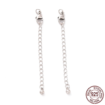 925 Sterling Silver Chain Extenders, with Lobster Claw Clasps & Charms, Round, Antique Silver, 62x2.5mm, Hole: 2.4mm
