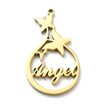 304 Stainless Steel Pendants, Butterfly with Word Angel Charm, Golden, 30x17x1.4mm, Hole: 1.2mm