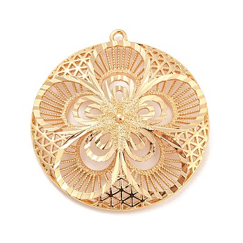 Rack Plating Brass Hollow Pendants, Flat Round with Flower Charm, Light Gold, 38x35x5mm, Hole: 1.6mm
