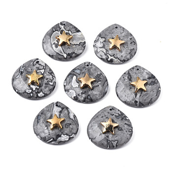 Natural Map Stone Pendants, with Light Gold Plated Brass Star Findings, Faceted, Teardrop, 28~28.5x28~28.5x10mm, Hole: 1.2mm