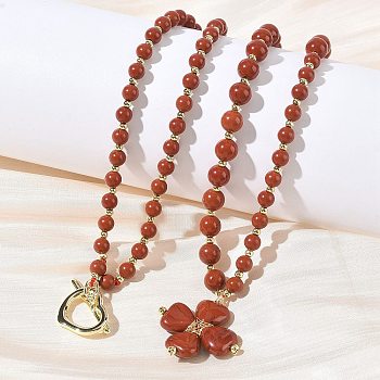 Saint Patrick's Day Natural Red Jasper Clover Pendant Round Beaded Necklaces with Brall Heart OT Clasps, Golden, 30.51~31.69 inch(77.5~80.5cm)