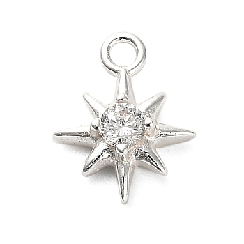 925 Sterling Silver Clear Cubic Zirconia 8-Pointed Star Charms, with 925 Stamp, Silver, 9.5x7.5x2.5mm, Hole: 1.2mm