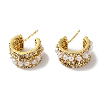 Rack Plating Brass Micro Pave Cubic Zirconia Studs Earrings, with Plastic Beads, Long-Lasting Plated, Lead Free & Cadmium Free, Real 18K Gold Plated, 17.5x9.5mm