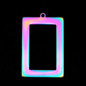 201 Stainless Steel Pendants, Laser Cut, Hollow, Rectangle, Rainbow Color, 34x22x1mm, Hole: 1.6mm