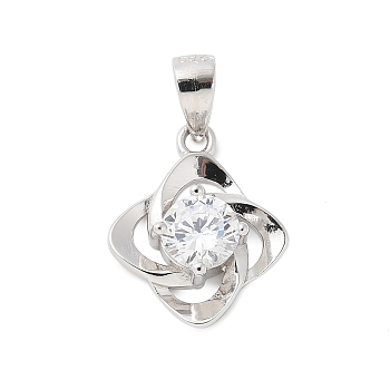 Fine Silver Cubic Zirconia Pendants, Flower Charms, Platinum, Rhodium Plated, Clear, 15.5x12.5x4.5mm, Hole: 5x3.5mm