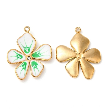 304 Stainless Steel Enamel Pendants, with Rhinestones, Real 18K Gold Plated, Flower Charm, Lime Green, 21.5x17x2.5mm, Hole: 1.5mm