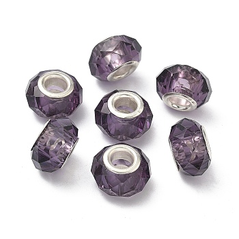 Handmade Glass European Beads, Large Hole Beads, Silver Color Brass Core, Dark Violet, 14x8mm, Hole: 5mm