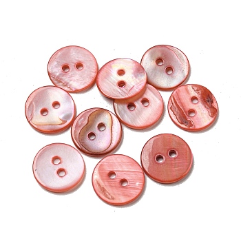 Freshwater Shell Buttons, 2-Hole, Flat Round, Tomato, 15x1~2mm, Hole: 1.5~2mm