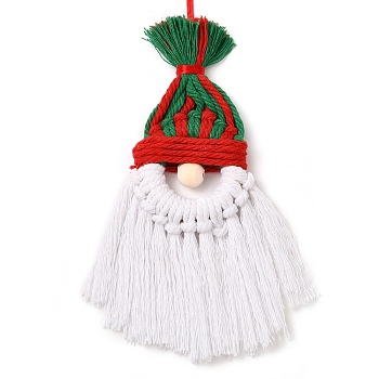 Christmas Handmade Woven Macrame Cotton Thread Santa Claus Pendant Decorations, with Wood Beads, for Home Decorations, Green, 260mm