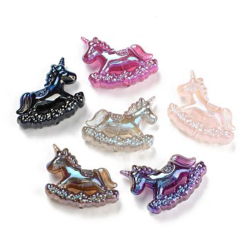UV Plating Iridescent Acrylic Beads, Ice Beauty Effect, Wooden Horse, Mixed Color, 33x40x11.5mm, Hole: 1.8mm