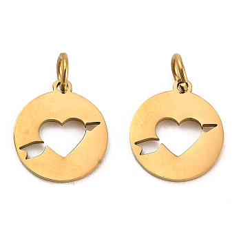 304 Stainless Steel Charms, with Jump Ring, Flat Round Charm, Laser Cut, Golden, Heart, 13.5x11.5x1mm, Hole: 3.4mm