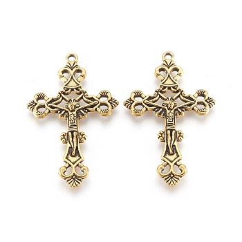 Tibetan Style Alloy Pendants, For Easter, Crucifix Cross Pendant, Antique Golden, Lead Free and Cadmium Free and Nickel Free, 43.5x26x3mm, Hole: 2mm