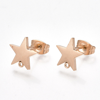 Vacuum Plating 304 Stainless Steel Stud Earring Findings, with Loop and Flat Plate, Ear Nuts/Earring Backs, Star, Rose Gold, 9.5x10mm, Hole: 1mm, Pin: 0.8mm