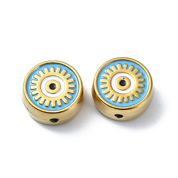 Ion Plating(IP) 304 Stainless Steel Enamel Beads, Real 18K Gold Plated, Flat Round with Evil Eye, Light Sky Blue, 12x5.5mm, Hole: 1.5mm