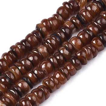 Natural Freshwater Shell Beads Strands, Dyed, Chip, Coconut Brown, 3~4x0.3~3mm, Hole: 0.6mm, about 220~225pcs/strand, 14.76 inch~15.16 inch(37.5cm~38.5cm)