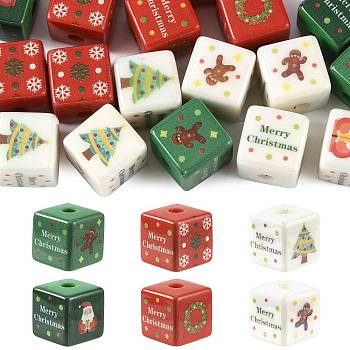 20Pcs Christmas Printed Opaque Acrylic Beads, Cube, 14x14x14mm, Hole: 3.5mm