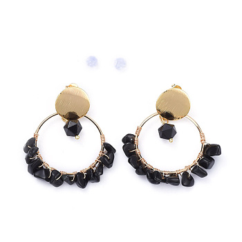Brass Dangle Stud Earrings, with Chip Natural Obsidian Beads, Brass & Plastic Earring Backs, 46.5mm, Pin: 0.7mm