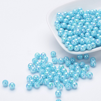 Eco-Friendly Poly Styrene Acrylic Beads, AB Color Plated, Round, Sky Blue, 8mm, Hole: 1mm, about 2000pcs/500g