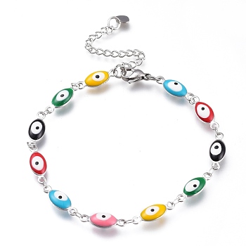 304 Stainless Steel Link Bracelets, with Enamel and Lobster Claw Clasps, Evil Eye, Colorful, Stainless Steel Color, 7-7/8 inch(20cm)