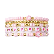 5Pcs 5 Styles Heart Acrylic & Glass Seed Beaded Stretch Bracelet Sets, Stackable Bracelets for Women, Pink, Inner Diameter: 2~2-3/8 inch(5.2cm), 1pc/style(BJEW-JB10473-02)