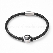 Unisex Leather Cord Bracelets, with Enamel, 304 Stainless Steel Magnetic Clasps and Beads, Flat Round with Cross, Black, 7-5/8 inch(19.5cm)(BJEW-JB04784)